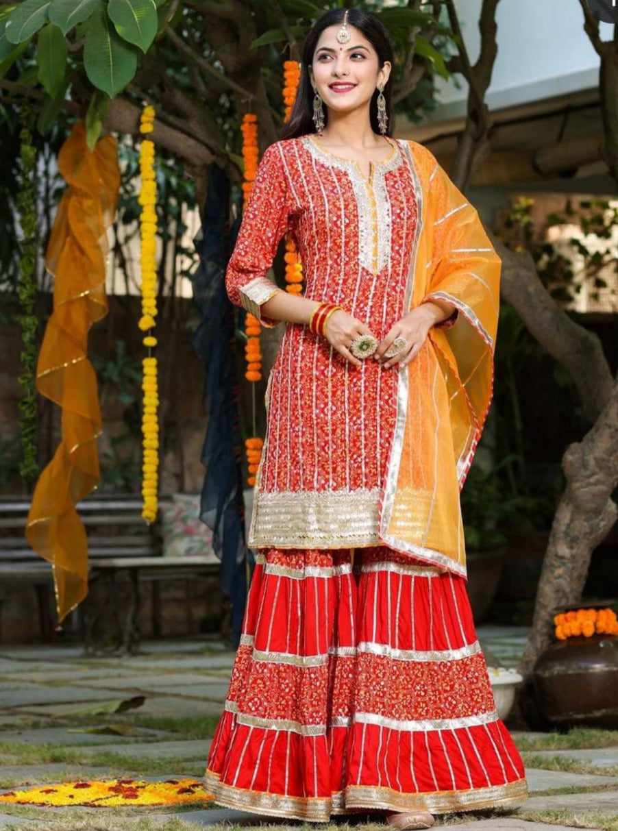 Women Rust Floral Embroidered Regular Kurta with Sharara & With Dupatt–  Inddus.in